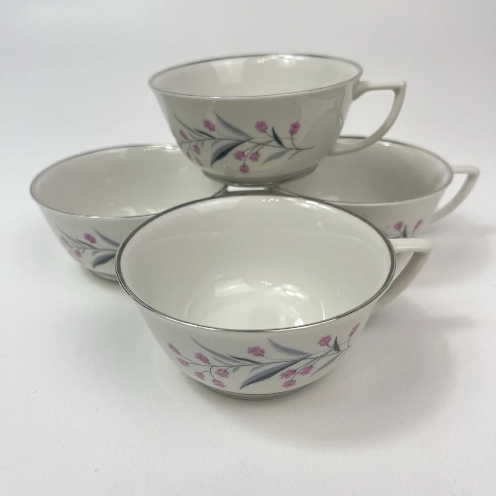 Embassy USA China Tru Tone Footed Tea Cups Pink‎ Flowers Gray Platinum Rim